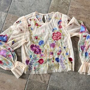 Anthro Sheer Embroidered Floral Peasant Top - Beige with Multicolor Embroidery